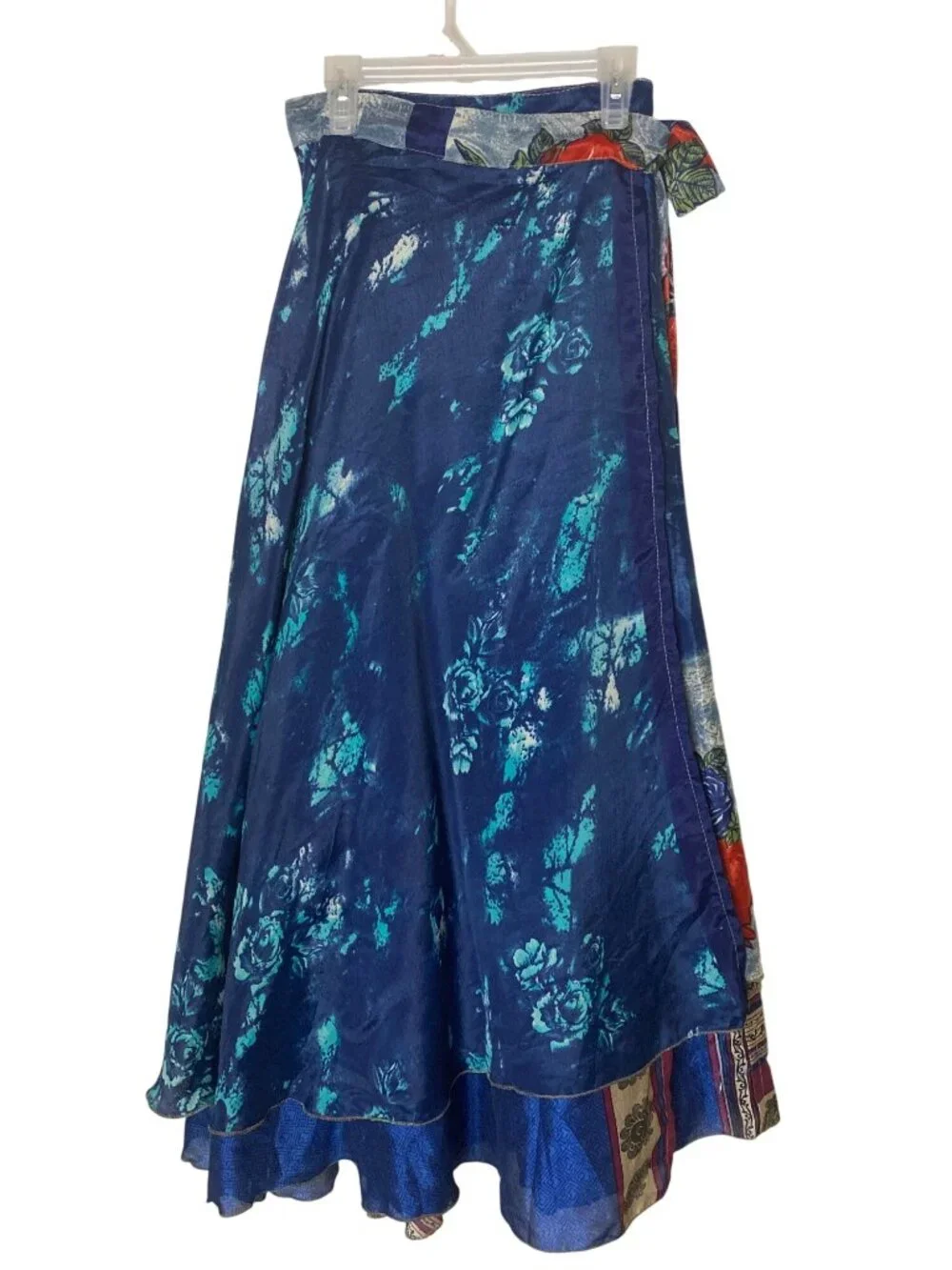 Reversible Sari Silk Magic Wrap Skirt Blue Boho Festival Hippie Maxi India OS